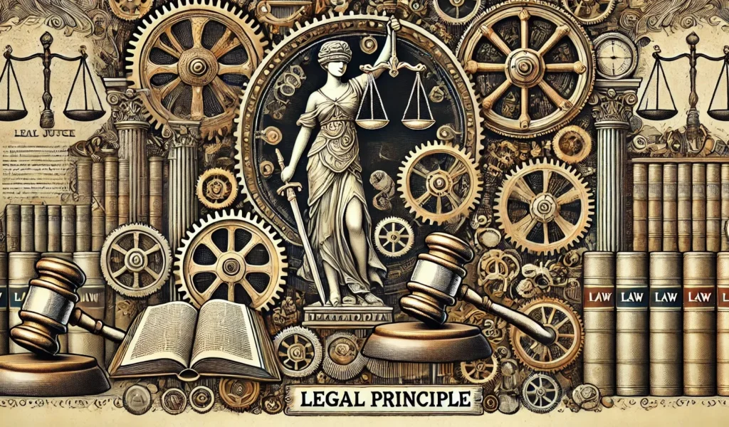 DALL·E 2024-07-19 14.47.03 - A wide graphic featuring the theme of 'Legal Principle.' Incorporate elements such as scales of justice, a gavel, an open law book, and symbols of law