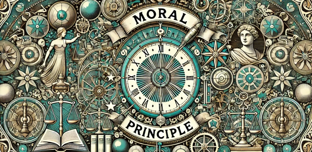 DALL·E 2024-07-19 14.49.49 - A detailed, wide graphic expanding on the theme of 'Moral Principle'. The central element is an ornate clock with the words 'Moral Principle' in the c